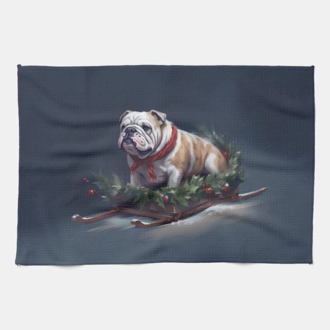 Bulldog jul snö vinter kökshandduk (Horisontell)