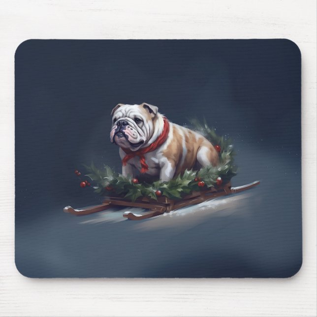 Bulldog jul snö vinter musmatta (Framsidan)