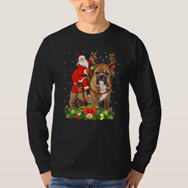 Bulldog Julafton Funny Santa Riding Bulldog jul T Shirt (Framsida)