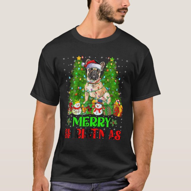 Bulldog Julgran Ljus Hund Helgdag Santa Bu T Shirt (Framsida)