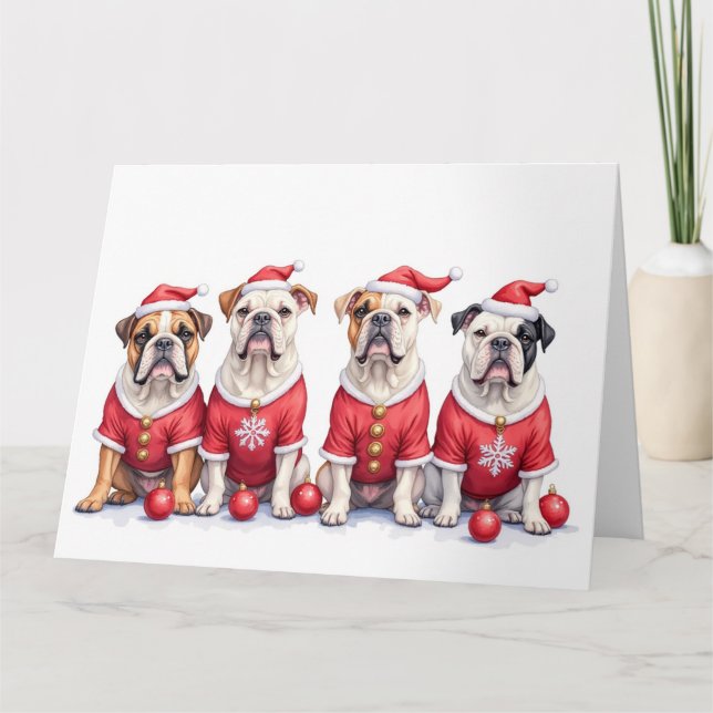 Bulldog julklänning tomtehatt kort (Framsida)