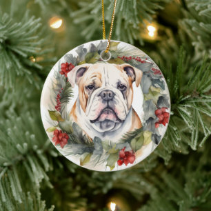 Bulldog Julkrans Festiv Valp Julgransprydnad Keramik