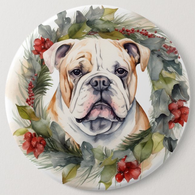 Bulldog Julkrans Festlig Valp Knapp (Framsida)
