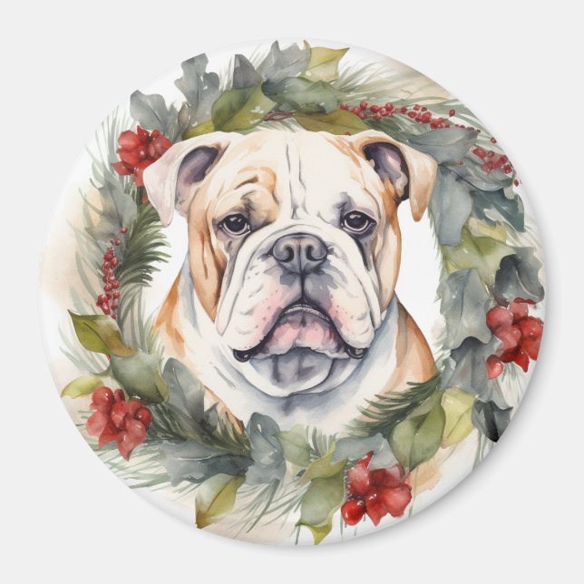 Bulldog Julkrans Festlig Valp Magnet (Framsidan)