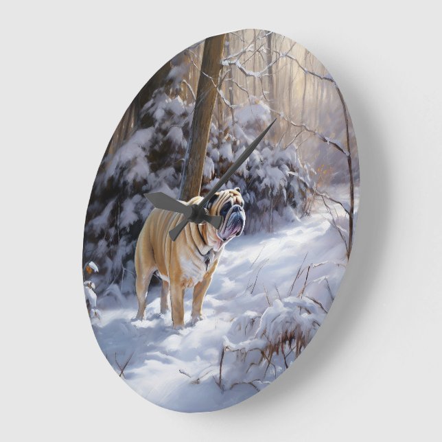 Bulldog Let It Snow Jul Borstad Stor Klocka (Vinkel)