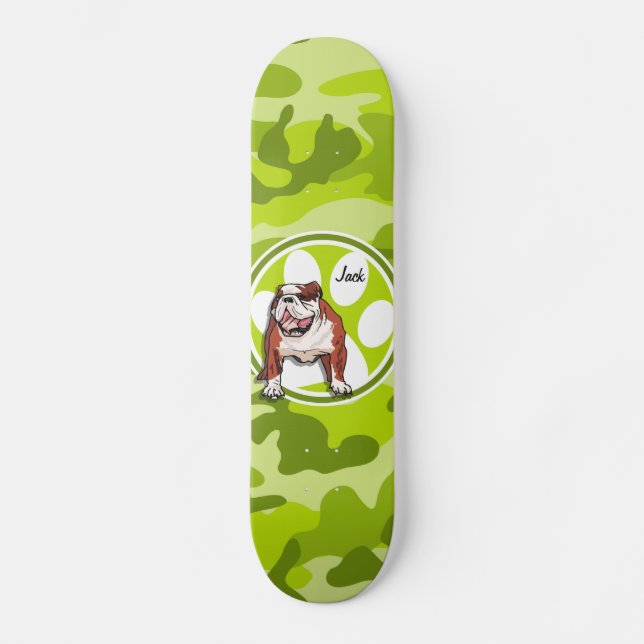 Bulldog; ljus grönt-kamera, kamouflage skateboard bräda 21,5 cm (Framsida)