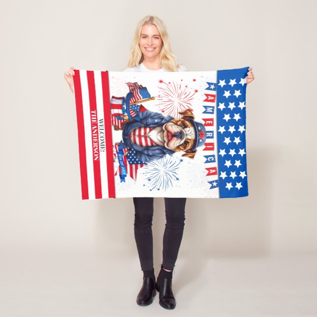 Bulldog Lycklig 4:e juli Amerika Independence day Fleecefilt (På plats)