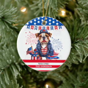 Bulldog Lycklig 4:e juli Amerika Independence day Julgransprydnad Keramik