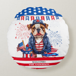 Bulldog Lycklig 4:e juli Amerika Independence day Rund Kudde