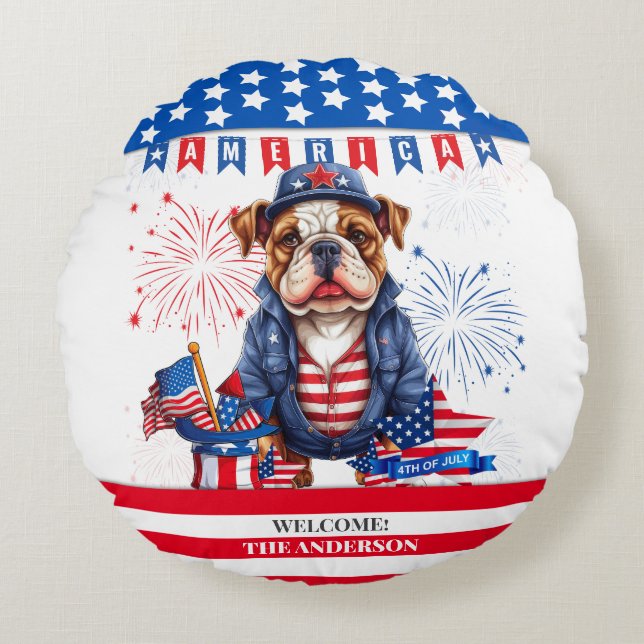 Bulldog Lycklig 4:e juli Amerika Independence day Rund Kudde (Framsidan)