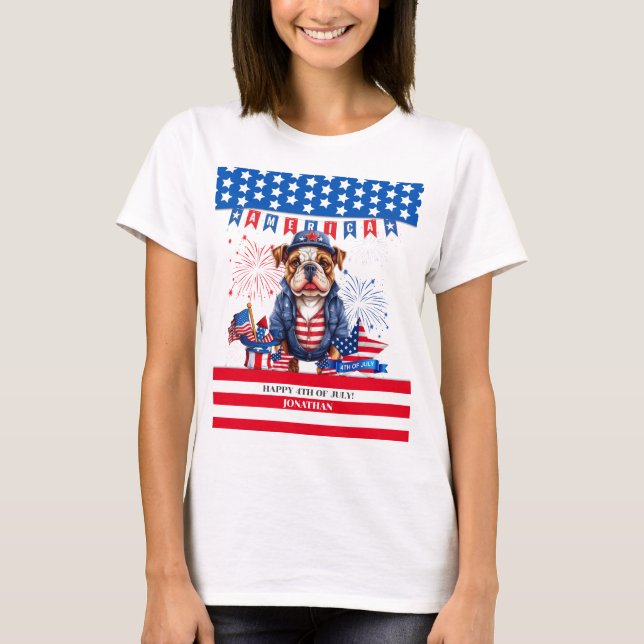 Bulldog Lycklig 4:e juli Amerika Independence day T Shirt (Framsida)