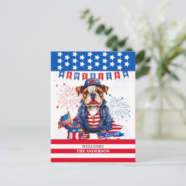 Bulldog Lycklig 4:e juli Amerika Independence day Vykort (Stående Fram)
