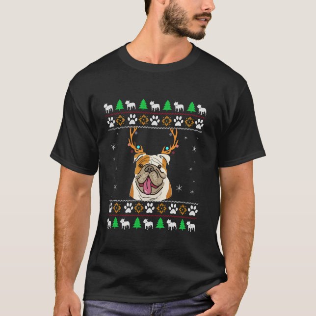 Bulldog med Antlers i en UGLY-jul T Shirt (Framsida)