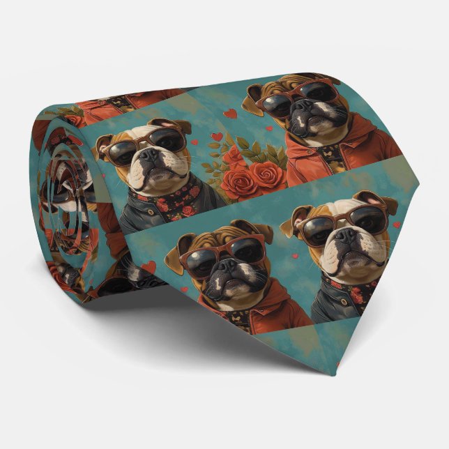 Bulldog Med Hjärtrosar Alla Hjärtans Dag Slips (Rullad)