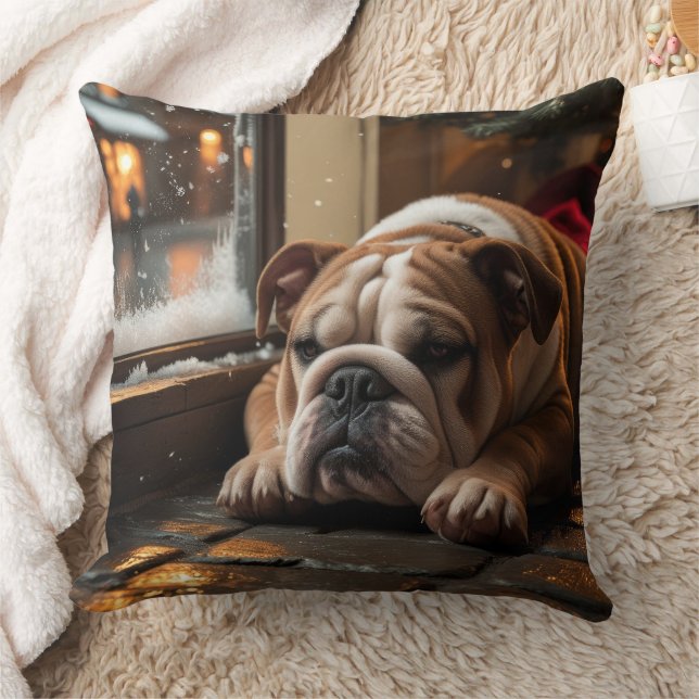 Bulldog med julbelysning Holiday Kudde (Filt)