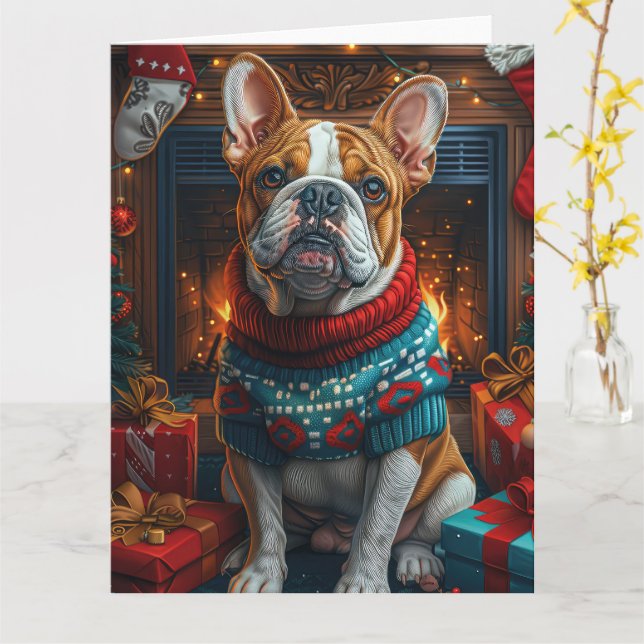 Bulldog med julklappar Kaminen Kort (Gul blomma)
