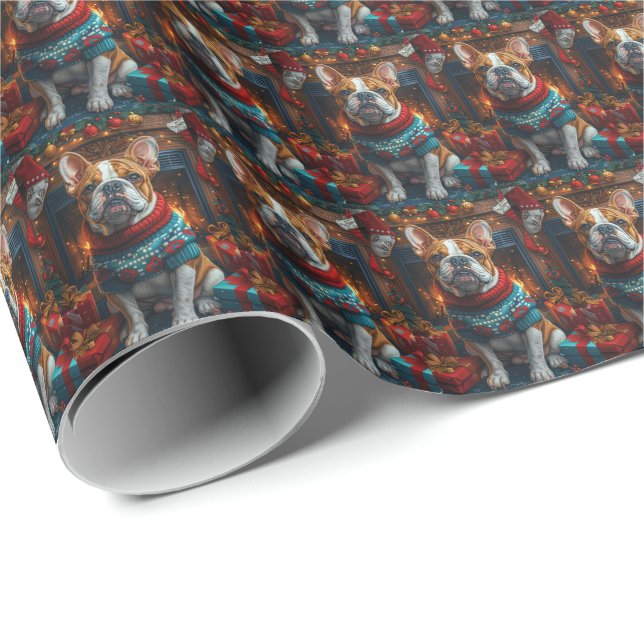 Bulldog med julklappar öppen spis presentpapper (Rullad Hörn)