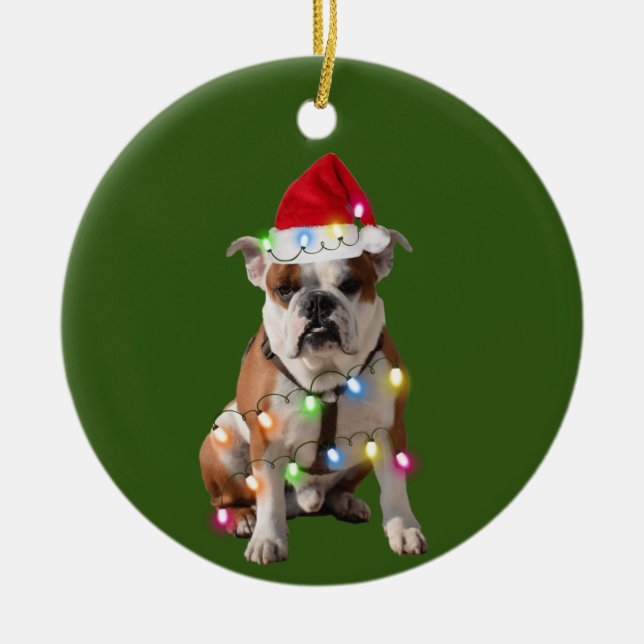 Bulldog med julskafter Santa Hat Gift Julgransprydnad Keramik (Framsidan)