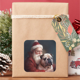 Bulldog med Jultomten under julhelgen Fyrkantigt Klistermärke