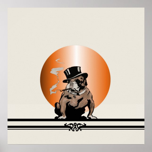 Bulldog med övre Hund med Cigar och Top hat Poster (Framsidan)