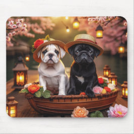 Bulldog & Mopsvalpar i blomsterbåt Musmatta