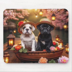 Bulldog & Mopsvalpar i blomsterbåt Musmatta