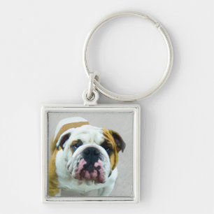 Bulldog Painting - Cute Original Hund Art Fyrkantig Silverfärgad Nyckelring