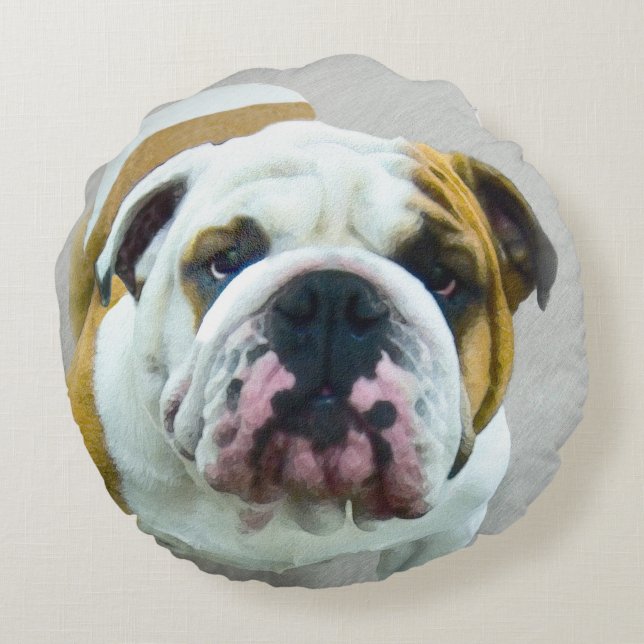 Bulldog Painting - Cute Original Hund Art Rund Kudde (Baksidan)