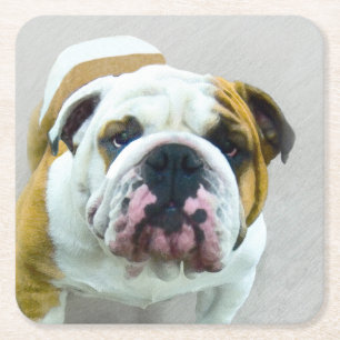 Bulldog Painting - Cute Original Hund Art Underlägg Papper Kvadrat