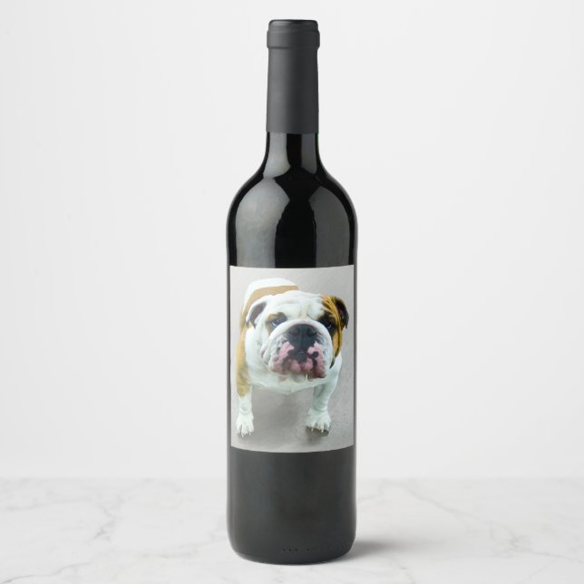 Bulldog Painting - Cute Original Hund Art Vinflaska Etikett (Framsida)