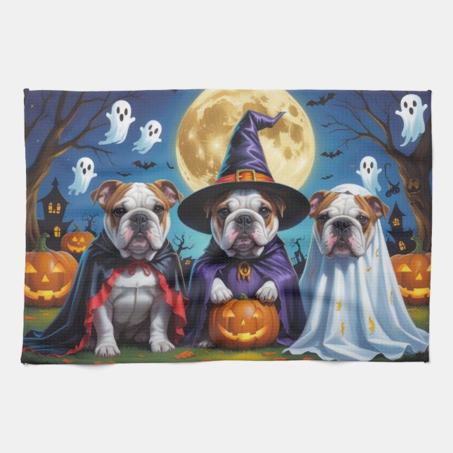 Bulldog Pumpkin Halloween Funny Kökshandduk (Horisontell)