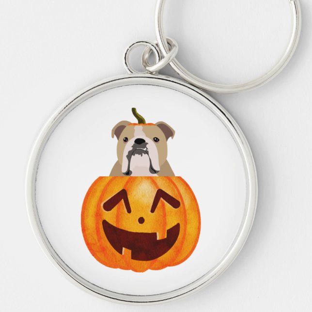 Bulldog Pumpkin Rund Silverfärgad Nyckelring (Framsidan)