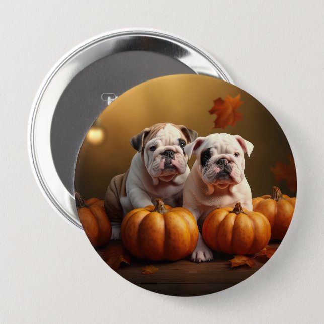 Bulldog Pupp Autumn Delight Pumpkin Knapp (Framsida & baksida)