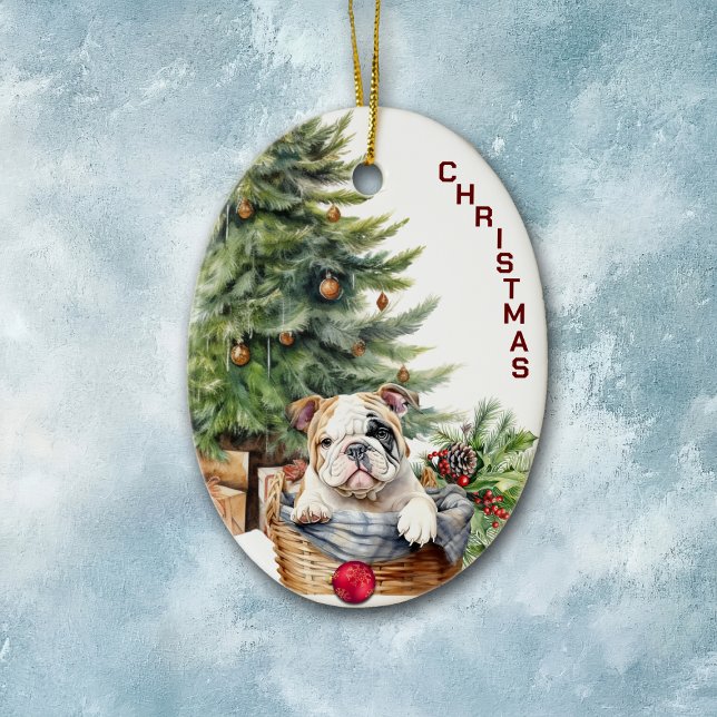 Bulldog Puppy Wicker Basket jul Julgransprydnad Keramik (Skapare uppladdad)
