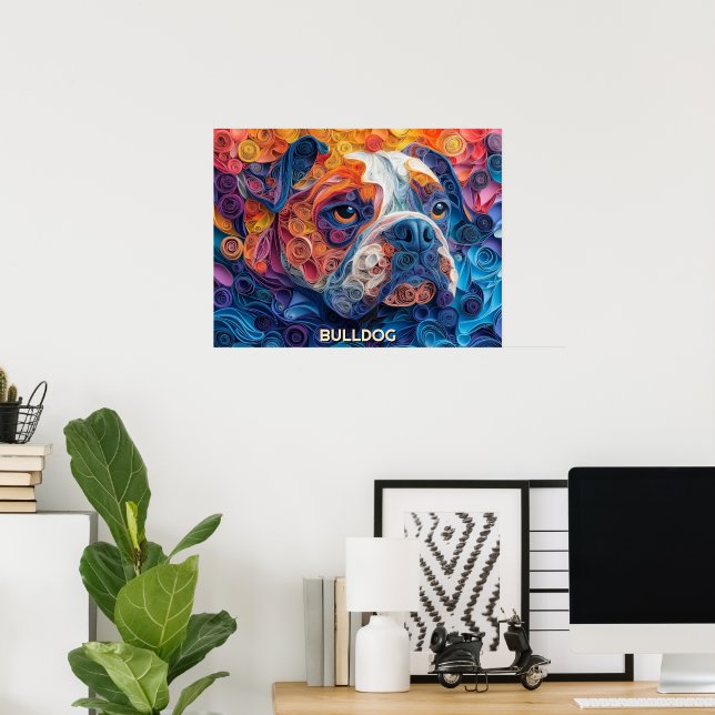 Bulldog Quilling Art Porträtt Poster (Hemmakontoret)