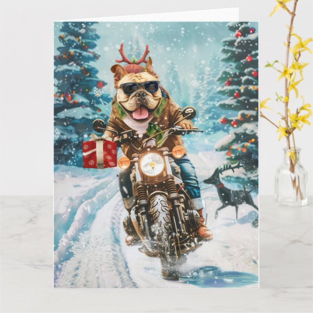 Bulldog Riding Motorcycle jul jul Kort (Gul blomma)