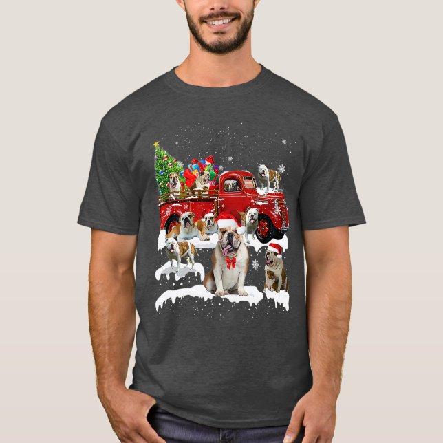 Bulldog Riding Red Lastbil Julafton God jul T Shirt (Framsida)