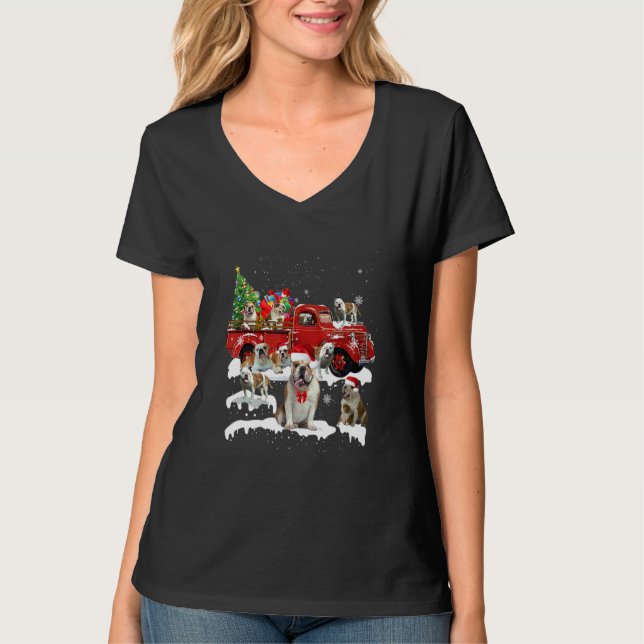 Bulldog Riding Red Lastbil Julafton God jul T Shirt (Framsida)