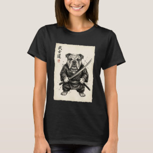 Bulldog Samuraj Krigare Katana Japansk Bläck Konst T Shirt
