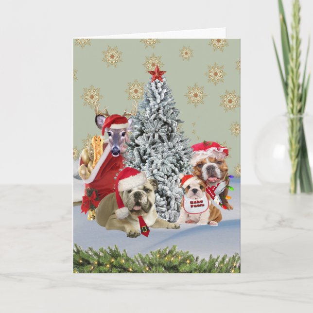 Bulldog Santa Family runt Julgran Helgkort (Framsida)
