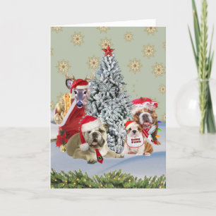 Bulldog Santa Family runt Julgran Helgkort