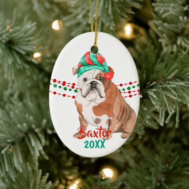 Bulldog Santa Hat Helgdag String Pärlor Julgransprydnad Keramik (Träd)