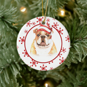 Bulldog Santa Hat Red Snowflake jul Julgransprydnad Keramik