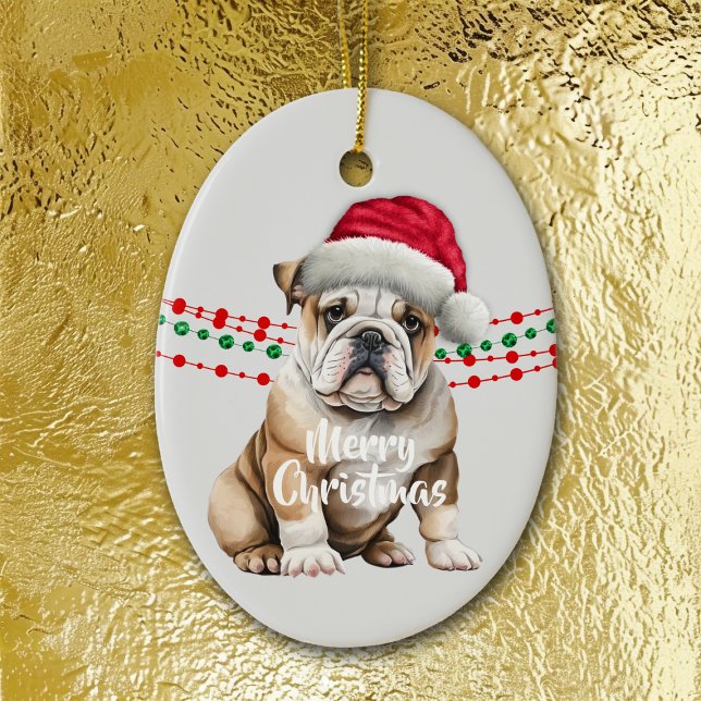 Bulldog Santa Hatt Julpärlor Julgransprydnad Keramik (Skapare uppladdad)