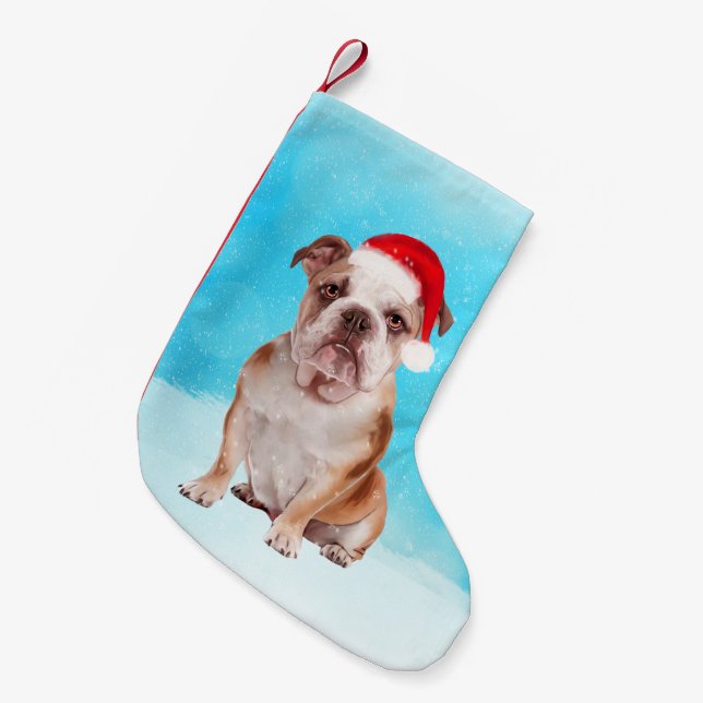 Bulldog Sitta i snö med jultomten Hat Liten Julstrumpa (Framsidan (Hängande))