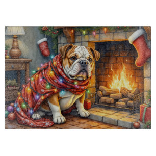 Bulldog sittande vid öppen spis med julbelysning