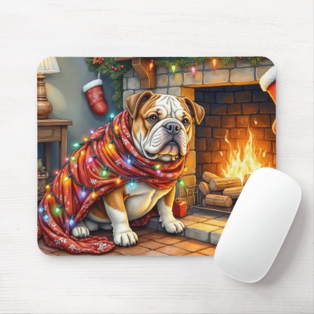 Bulldog Sitting by Fireplace with Christmas Lights Musmatta (Med mus)