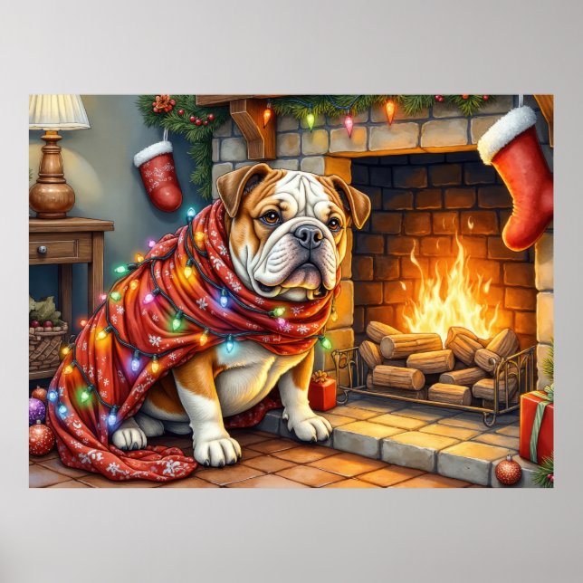 Bulldog Sitting by Fireplace with Christmas Lights Poster (Framsidan)