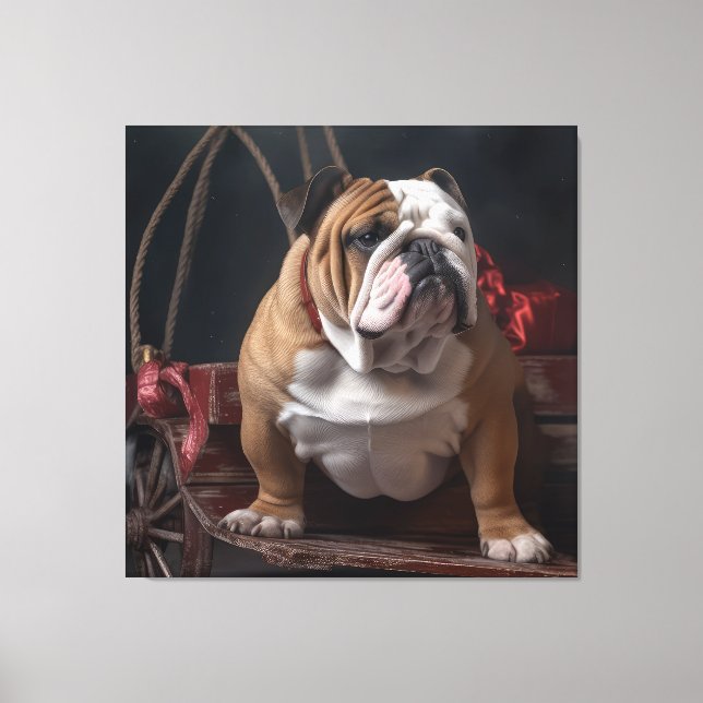 Bulldog Snowy Sleigh-juldekalor Canvastryck (Framsida)