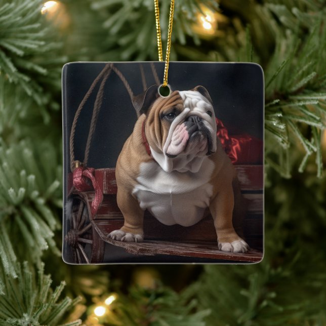 Bulldog Snowy Sleigh-juldekalor Julgransprydnad Keramik (Träd)